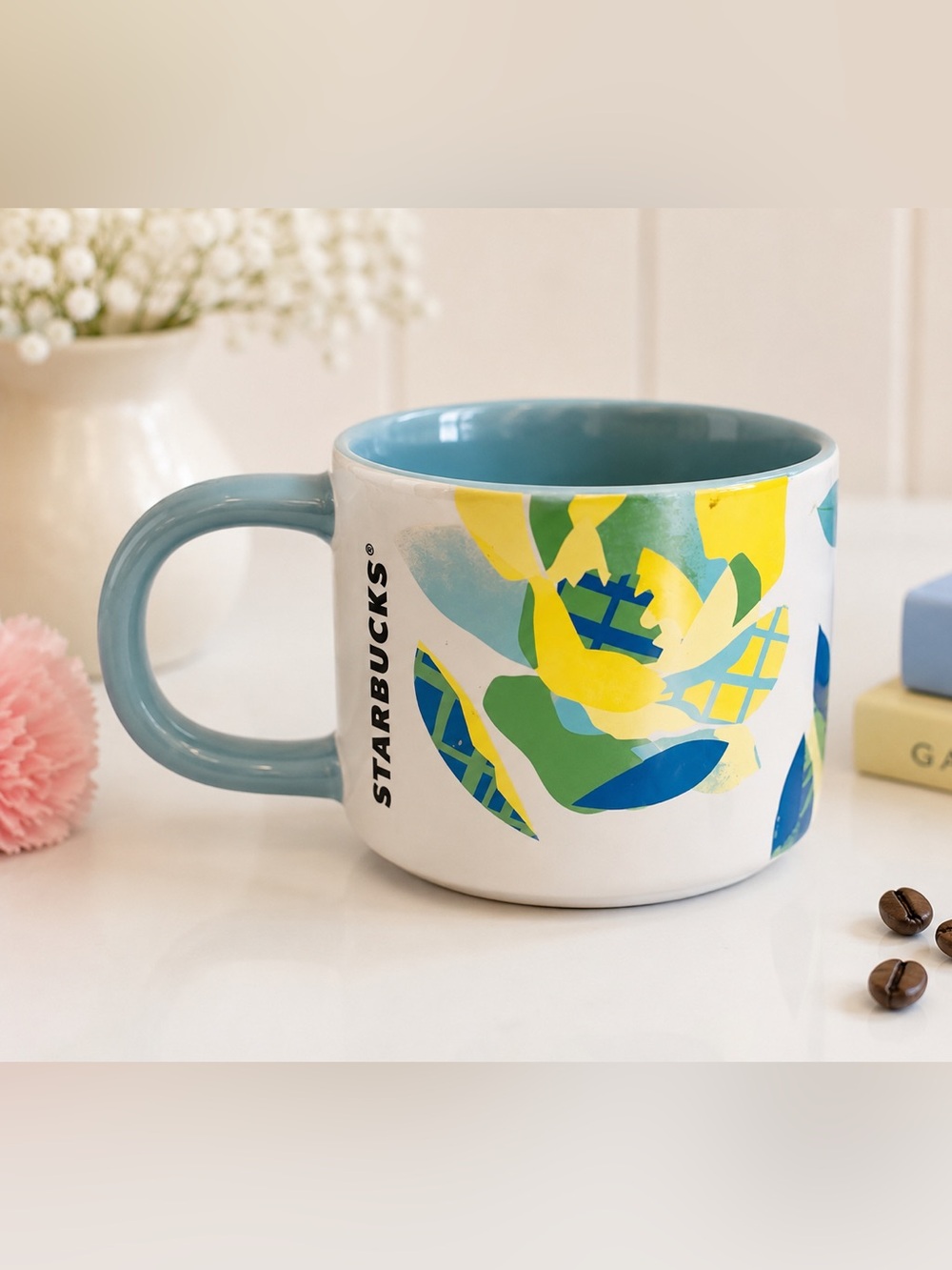 Starbucks 2023 Blue Yellow Floral Bee  Mug 14oz Coffee Cup NWT